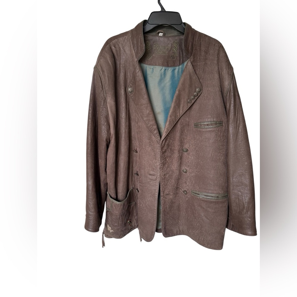 Vintage Rover & Lakes Embroidered Leather Jacket Double Breasted Brown